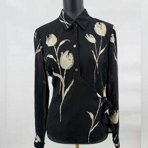 Liz Claiborne Black Button-Down Wrap Blouse with Cream Floral Print